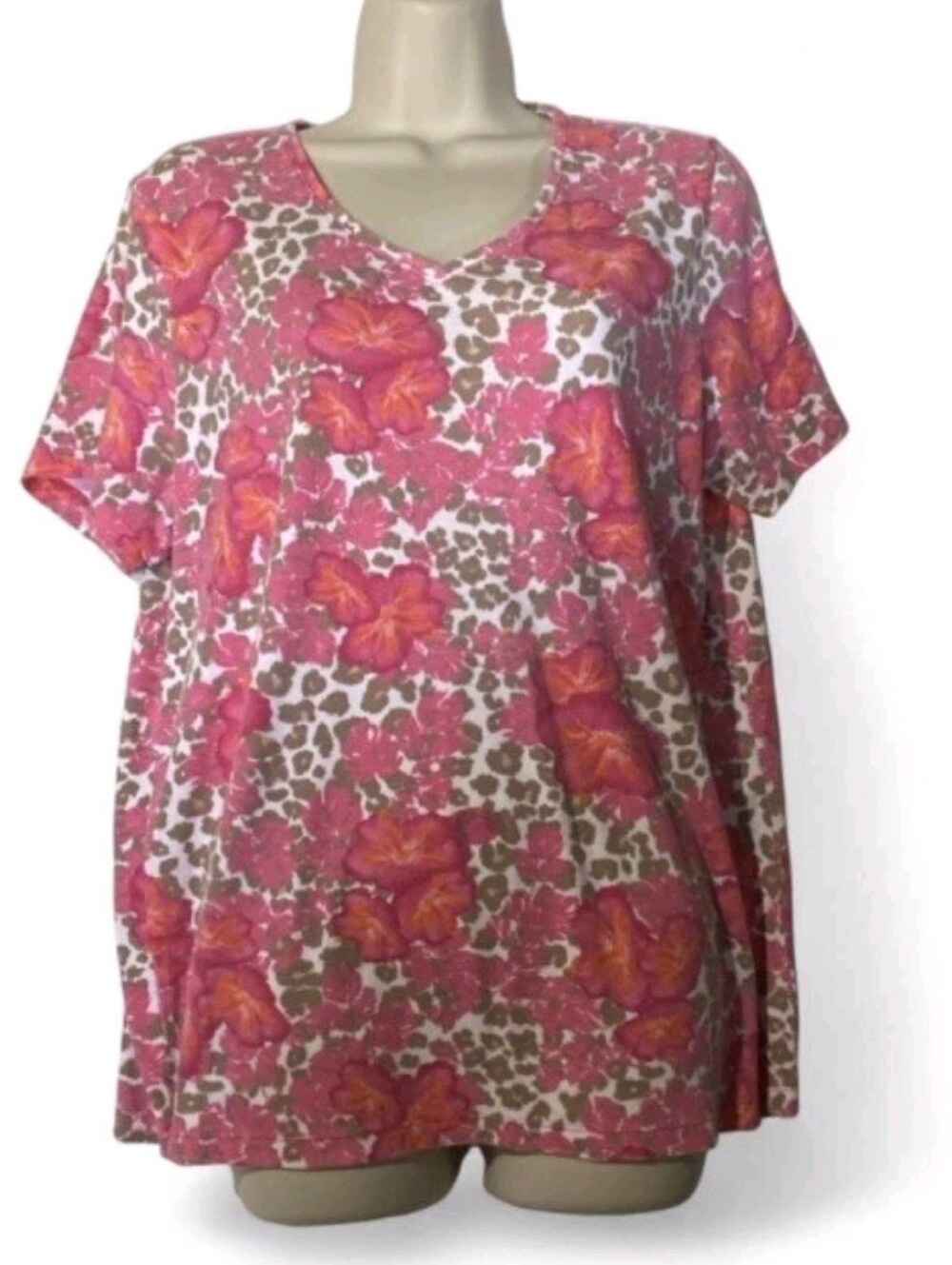 Falls Creek Pink Floral & Brown Leopard V-Neck Short Sleeve Top